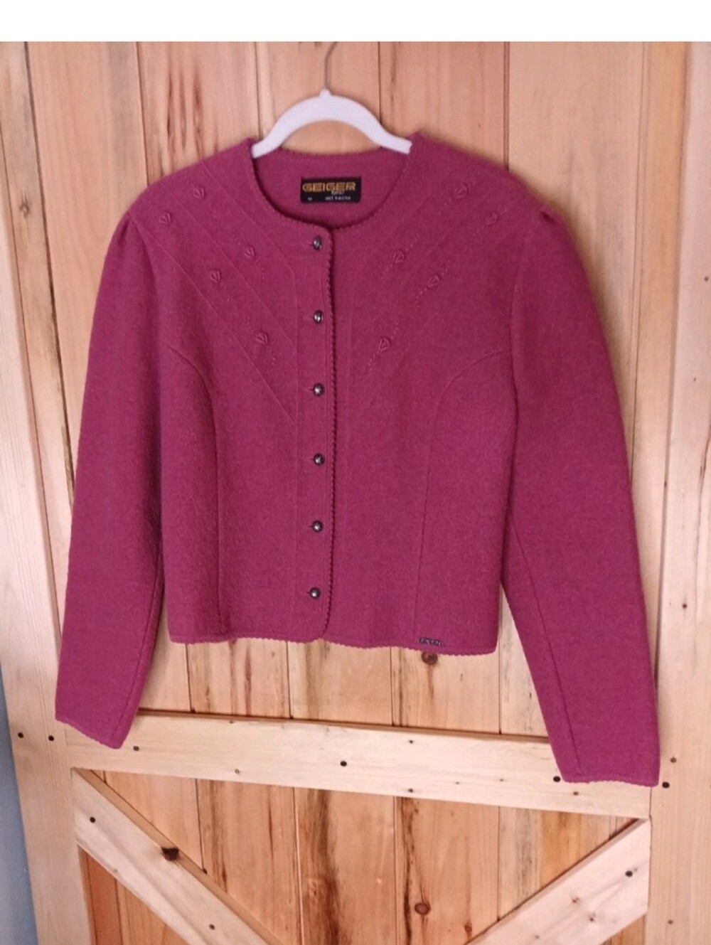 Vtg 90's Geiger Tyrol pink Button-Front Women's Boiled Wool Jacket Size 44